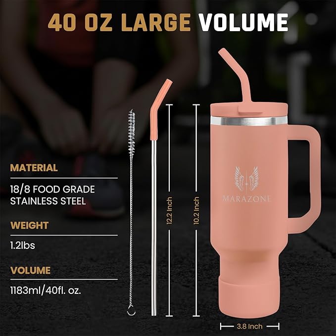 MARAZONE 40oz Stainless Steel Travel Tumbler Cup with Handle, Three-Position Lid, Straw with Silicone Tip, Vacuum Insulated Water Bottle for Hot & Cold Drinks, Great Gifts for Mom, Sunset