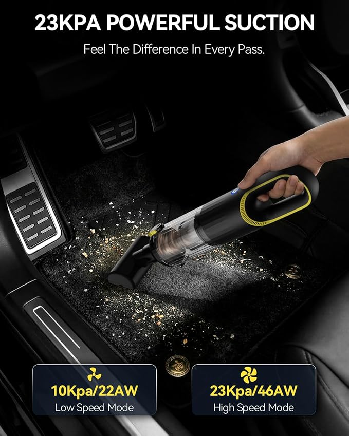 Handheld Car Vacuum Cleaner Cordless with 23000pa High Power Suction, 1.5H Type-C Fast Charge & 2 Suction Modes, Portable Mini Hand Vac Rechargeable with Multi-Nozzles for Car Home Office (Black)