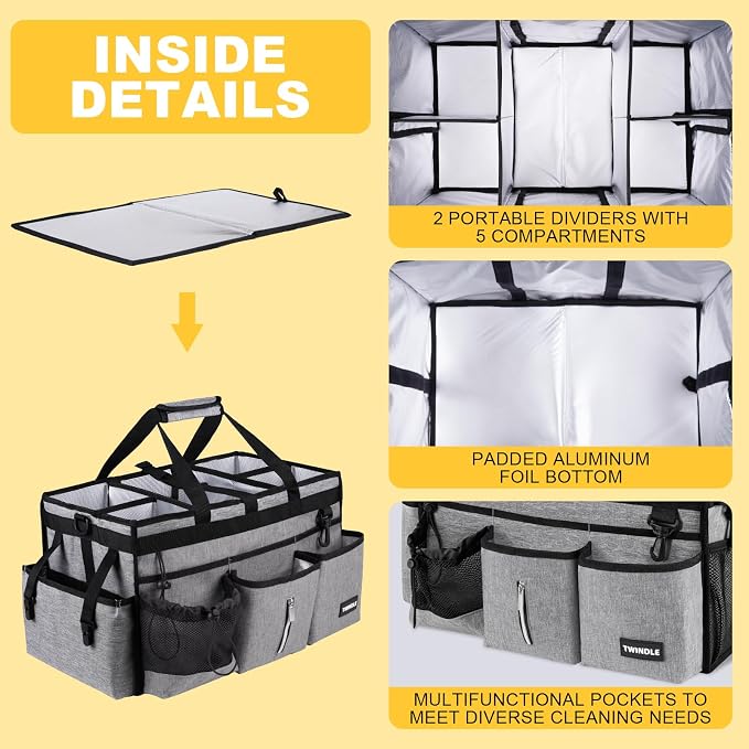 Extra Large Cleaning Caddy Bag with Rigid Support Board, Cleaning Organizer Tote with Detachable Divider, Adjustable Shoulder Strap & Waist Belt, Cleaning Supply Carrier for Cleaners & Housekeepers | Portable
