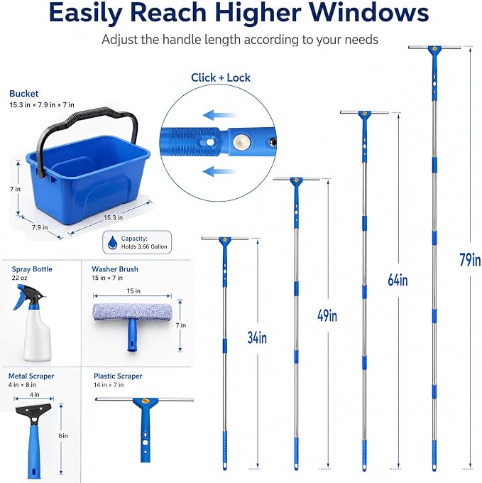 Window Cleaning Kit with Extension Pole,Professional Window Washing Kit with Bucket, 79" Window Squeegee with Microfiber Scrubber Scraper,Window Cleaner Tool for Commercial, Home,Outdoor
