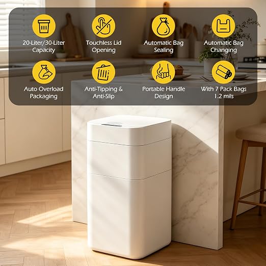 Dyna-Living Automatic Trash Can, 8 Gallon Self Sealing & Self-Changing Touchless Garbage Can Motion Sensor Trash Can, Smart Trash Bin with Automatic Lid for Kitchen Bathroom Office
