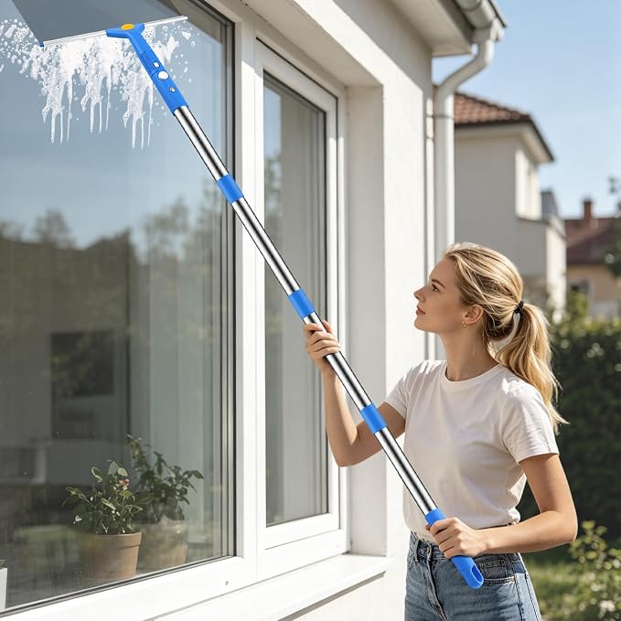 SetSail Window Cleaning Kit with Bucket 3 Gallon, 14-in Window Squeegee and 15-in Microfiber Scrubber, 64" Window Washing Kit, Professional Window Cleaner Tool for Indoor Outdoor Commercial Car, Blue