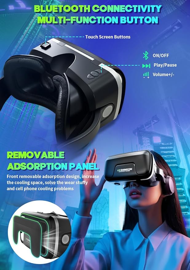 VR Headset, for Smartphones, VR Head Mount Display, Headphone Included, for Smartphones, 3D Glasses, Aspherical Optical Lens, VR Videos, One-Click Reception, 120° Viewing Angle, 1080P,