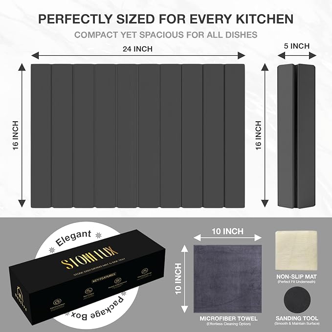 Large Stone Drying Mat for Kitchen Counter | 24"x16" | Fast Drying Collapsible Diatomaceous-Earth Mat | Super Absorbent Folding Mat for Dishes, Bottles, Glass, Heat-Resistant, Non-Slip (Dark Gray)