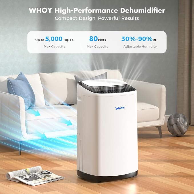 80 Pints Smart Dehumidifier for Basement and Home, 50 Pint DOE, App Control, Covers up to 5,000 Sq. Ft., Portable Dehumidifier with Continuous Drain, 8L Tank, Quiet Turbo Mode