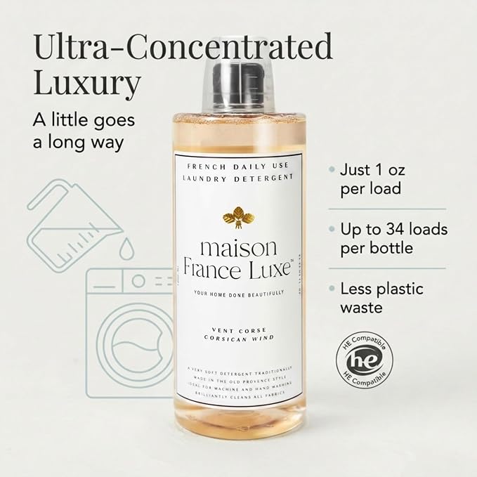 French Laundry Detergent, Plant Based Laundry Soap With Olive Oil and Coconut Oil for Machine or Hand Wash, Daily Use Formula for Colors and Whites, Corsican Wind, 34 Fl Oz