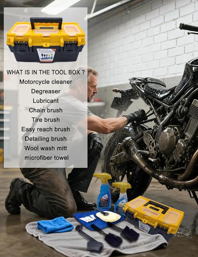 Motorcycle Cleaning Kit 10 Piece - Wash Set with Cleaner Degreaser Chain Lube Brushes Mitt Towel for Dirt Bike Sport Bike Cruiser Detailing