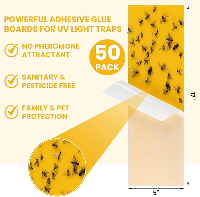 Qualirey 50 Pack 5"x17" Fly Light Trap Refill UV Adhesive Glue Boards Mosquito & Gnat Sticky Bug Trap Replacement Fruit Flies Gnats Bug Catcher Safe Pest Control for Indoors Home Garage