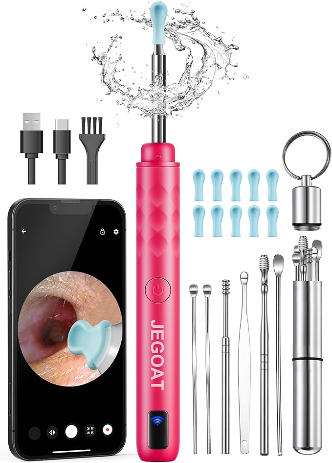 Jegoat Ear Wax Removal, Ear Wax Removal Tool Camera with 1296P HD Camera and 6 LED Lights, Ear Cleaner with 10 Ear Pick, Upgraded Ear Wax Removal Kit for iOS and Android, Pink