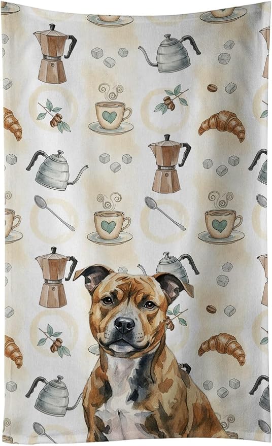 Caroline's Treasures Brindle Staffordshire Bull Terrier Coffee Bar Kitchen Towel Velour Plush Front and Cotton Loop Back Machine Washable