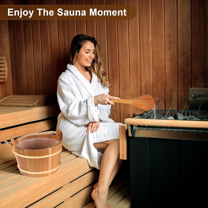 Wooden Sauna Bucket and Ladle Set, Handmade from Natural Pine with Rope Handle,4L (4L Cedar Wood)