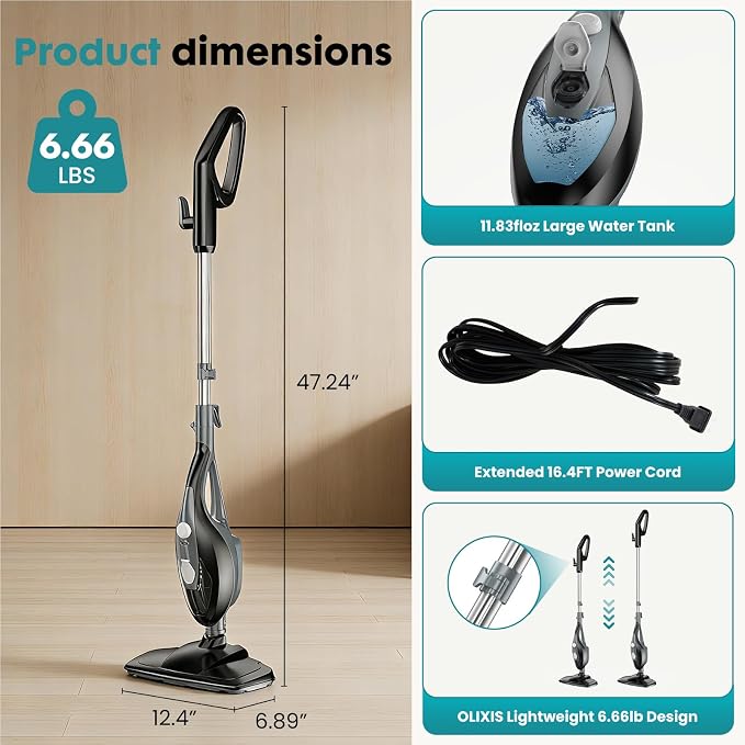 OLIXIS 10-in-1 Steam Mop, 1550W Detachable Handheld Steam Cleaner for Floor Cleaning, 16FT Cord, 2 Washable Pads, Multi-Purpose Floor Steamer for Hardwood, Carpet, Tile, Grout, Windows, Black Grey