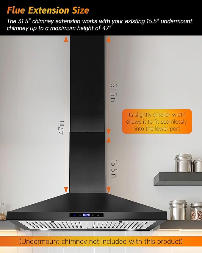 31.5" x 8" x 6.7" Range Hood Chimney Extension Fit for SNDOAS GD17 GD24, Stainless Steel Range Hood Extension Duct Cover(Black)