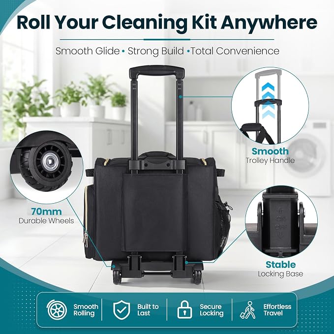 INSMEER Cleaning Caddy with Wheels, Large Cleaning Cart on Wheels with 3 Removable Clear Bags and 1 Shoulder Bag, Water Resistant Cleaner Supplies Organizer with Wheels for Kitchen, Tool Organizer