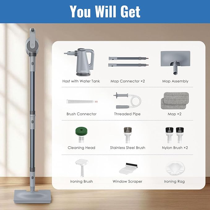 FEPPO Steam Mop & Handheld Steam Cleaner for Home and Floor Cleaning, 15s Heat-Up, 230°F Powerful Steamer with 10in1 Multi-Purpose Attachments for Floor,Hardwood,Tile,Grout,Window,Kitchen,Bath
