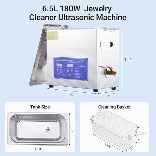 6.5L/1.72Gal Industrial Ultrasonic Cleaner 180W 40kHz - Commercial Heated Cleaning Machine with Digital Timer, for Watches, Eyeglasses, Jewelry, Dental Tools & Electronics
