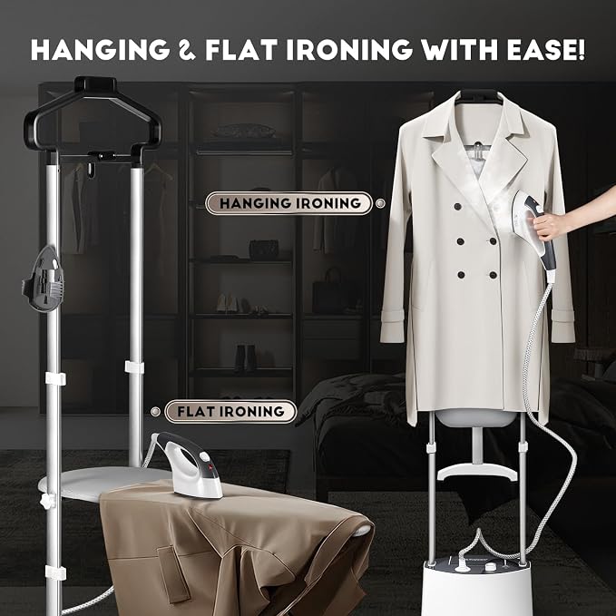 CGOLDENWALL Standing Garment Steamer for Clothes with Flat & Hanging Iron Options: Quick 25s Heat-Up for Continuous 1-Hour Powerful Steam, Including Ironing Board, Fabric Brush and Ironing Gloves