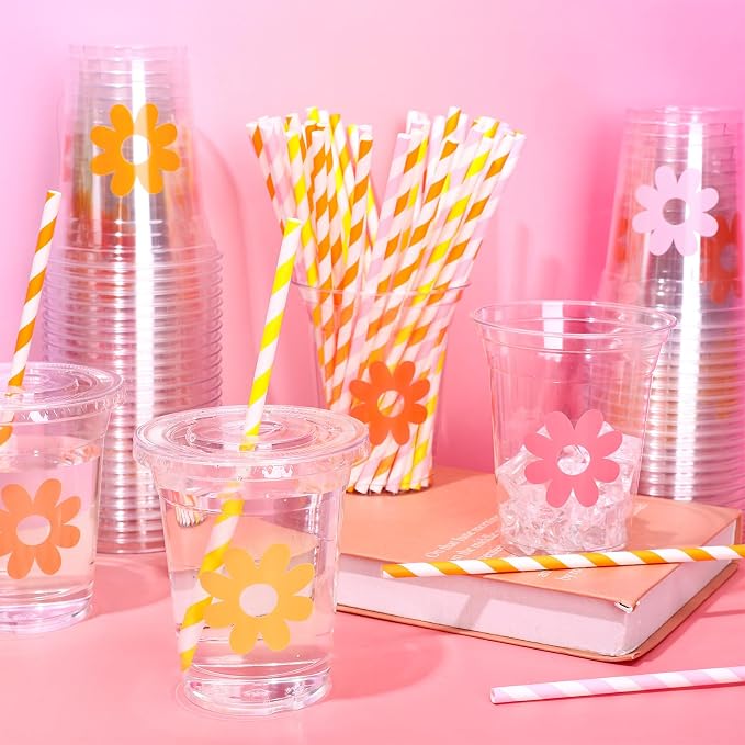 Whaline 60Pcs 12Oz Daisy Disposable Plastic Cups with Lids and Straws Retro Boho Groovy Flower Cold Beverage Drinking Cups for Wedding Birthday Baby Shower