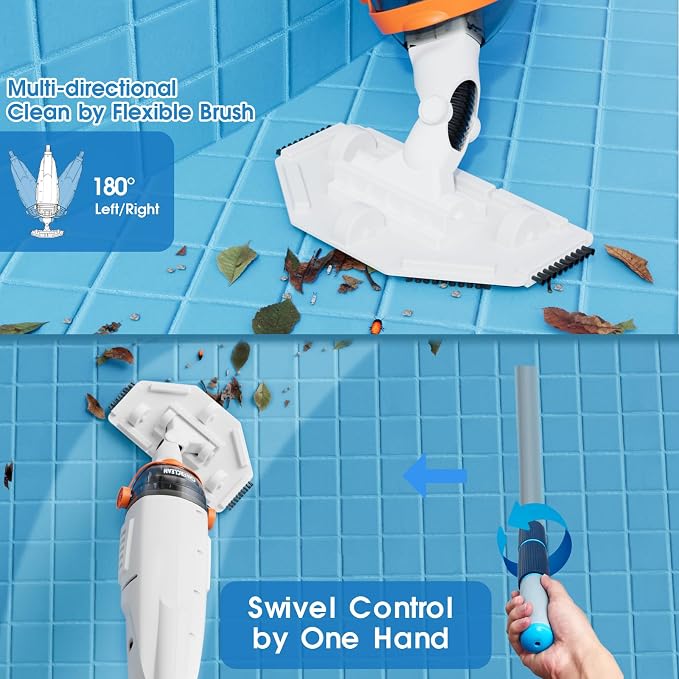 Cordless Handheld Pool Vacuum for Above Ground Pools - Upgraded 26.5GPM Real Suction, Time-Saving Directional-Control, 60min Runtime, 2 Vac Heads & 4 Filter Bags for Hot Tubs & Inground Pools -Orange