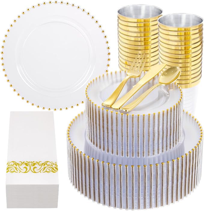LIYH 350 Pcs Clear Gold Plastic Plates - Disposable Dinnerware Set Include Elegant Dinner & Dessert Plate Cups Gold Silverware for Birthday Party Wedding - Clear Gold 50 Guests