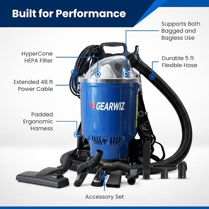 Gearwiz Backpack Vacuum Cleaner – 1000W Shoulder Vacuum with 25KPA Suction, Bagged or Bagless Use, Adjustable Harness, Double Filtration, Washable Dust Bag & Tools for Home, Office, Stairs & Cars