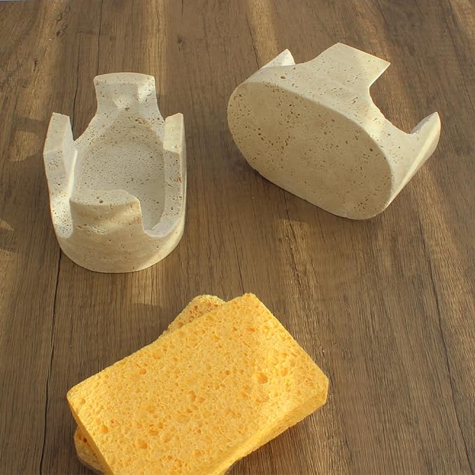 Nawgnail Natural Travertine 2-Slot Sponge Holder for Kitchen Counter, 2-in-1 Stone Drying Rack, Sponge Caddy for Sink Organizer - Beige Travertine
