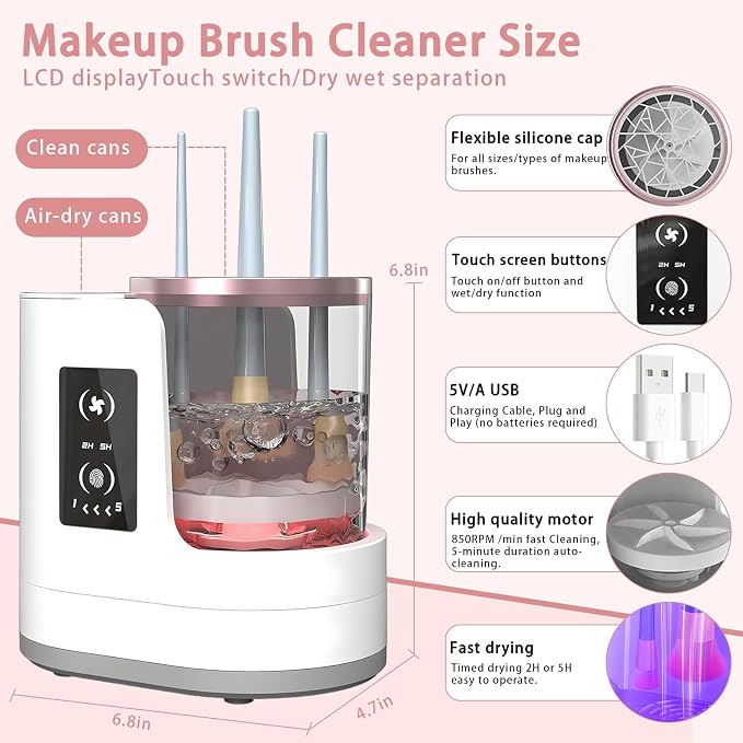 Makeup Brush Cleaner: LCD Touchscreen Electric Automatic Washer and Dryer - Suitable for Various Types of Makeup Brushes - Beauty Gifts for Women