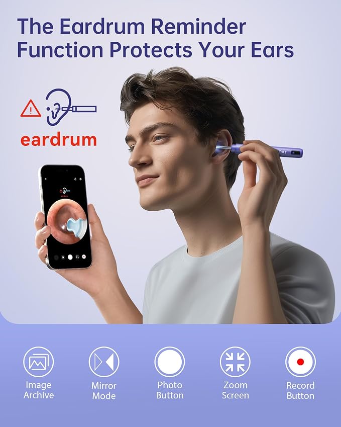 Jegoat Ear Wax Removal, Ear Wax Removal Tool Camera with 1296P HD Camera and 6 LED Lights, Ear Cleaner with 10 Ear Pick, Upgraded Ear Wax Removal Kit for iOS and Android, Purple
