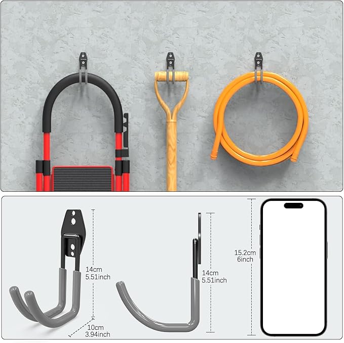 3-H Garage Wall Hooks 10 Pack,Garage Hooks Heavy Duty,Garage Storage Hooks for Hanging and Organizing Garden,Lawn,Yard Tools,Chairs,Ladders,Weed Eater,Shovel,Blower(Gray)