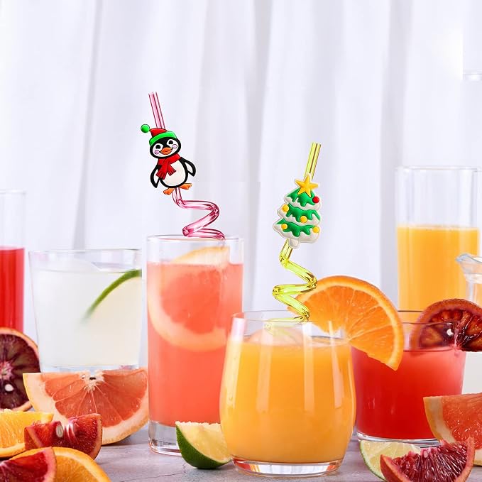 24 Christmas Party Favors Classroom Favors Xmas Drinking Straws Goodie Gifts for Kids Adults Christmas Party Supplies with 2 PCS Cleaning Brushes