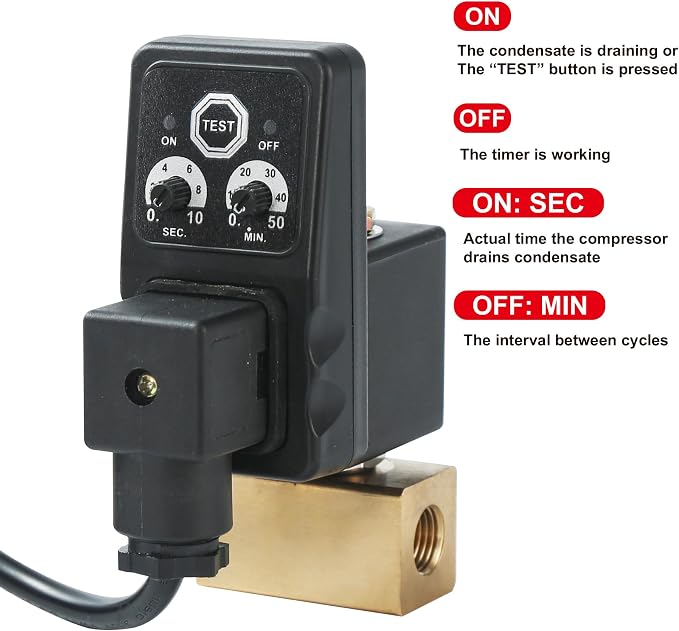 1/4" NPT Timer Operated Compressor Air Drain Valves with 1/4" flexible Braided Steel Tube and Ball Valve Strainer 1/2" x 1/4" MNPT，Automatic Electronic Tank Drain Kit with Push to Connect Fitting