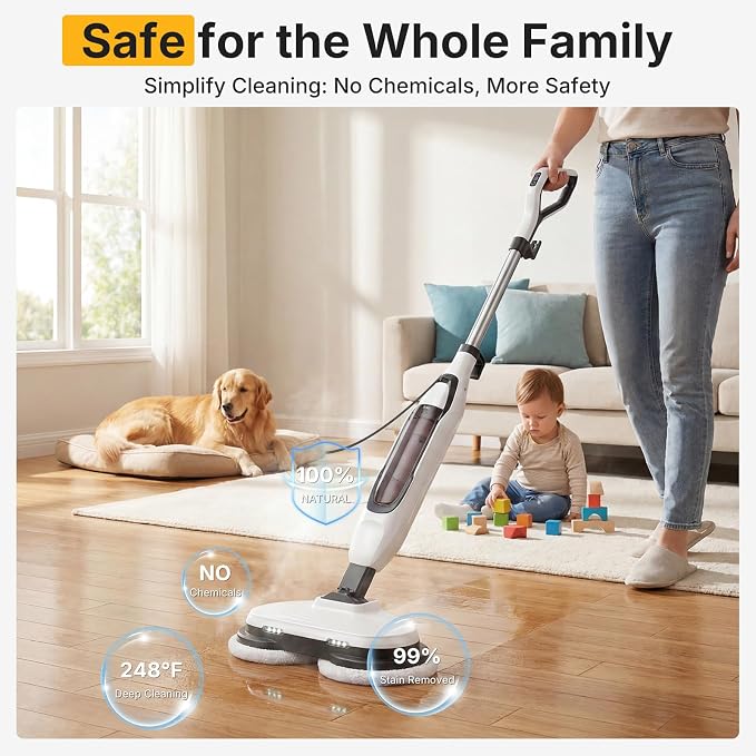 NEWBULIG Steam Mop, All-in-One Steam Mops for Floor Cleaning with Rapid Re-heat, Self-Standing Floor Steamer, 4 Rotating Scrub Pads, 2 LED Headlights, for Hardwood Floors & Tile