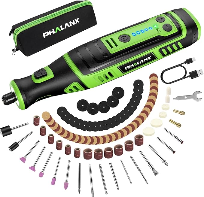 PHALANX Cordless Rotary Tool Kit, 30000 RPM/5 Speed, 8V Engraving Pen with 117 Accessories, Type-C Charging&LED Light, for 3D Printer Sanding, Polishing, Engraving, Wood Carving, Pet Grooming, Crafts