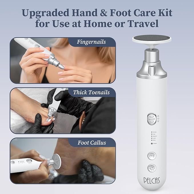 PELCAS 8 in 1 Electric Nail Filer with LED Light, Cordless Nail Drill, 5 Speeds Toenail Grinder for Thick Toenails, Manicure & Pedicure Kit for Foot Callus, Toenail, Thick Nails, Finger Nails Silver