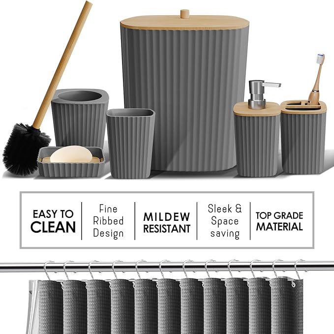Clara Clark Bathroom Accessories Set - 27PC Bathroom Set with Adhesive Corner Shower Caddy Hanging, Bathroom Sets with Shower Curtain and Rugs, Ombre Grey Shower Curtain Set with Bathroom Trash Can
