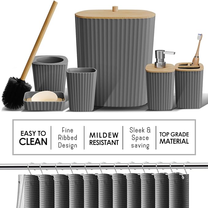 Clara Clark Bathroom Accessories Set - Bathroom Set, Bathroom Sets with Shower Curtain and Rugs, Shower Curtain Set with Bathroom Trash Can - Grey - 22PC