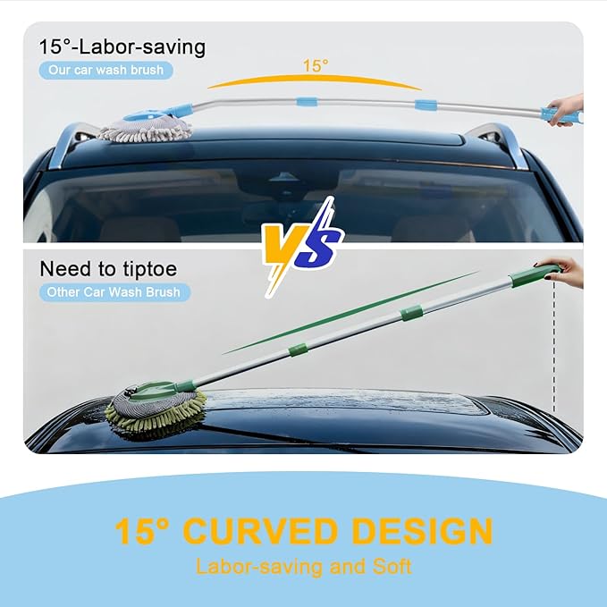 15° Curved Car Wash Brush with 43" Telescopic Handle, Microfiber Chenille Car Wash Mop for RV, SUV, Truck & Boat – Soft Scratch-Free Extendable Cleaning Tool (Light Blue&Silver Gray)