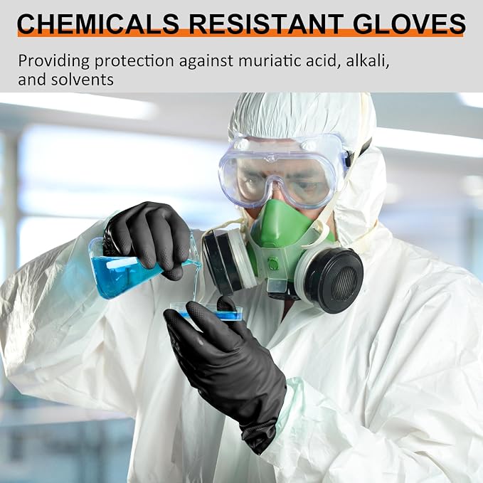 Beieverluck 10 Pairs Chemical Resistant Gloves, Reusable Heavy Duty Rubber Work Gloves with Textured Palm, Black Cleaning Dishwashing Gloves, Large