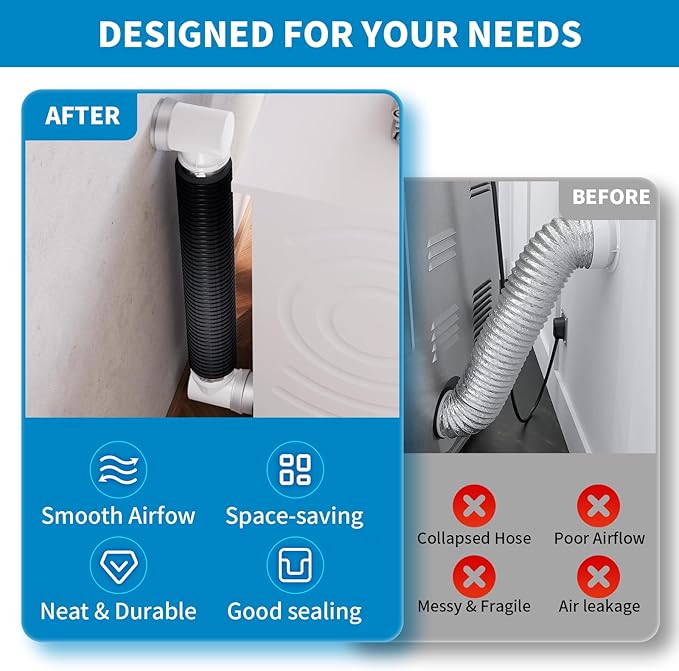 Hon&Guan Dryer Vent Hose for Tight Space 4 Inch, 8Ft Aluminum Exhaust Duct Hose with Dryer 90 Degree Elbow & Rubber Seal Connectors, Crush Proof Space-Saving Dryer Vent Hose for Clothes Dryer