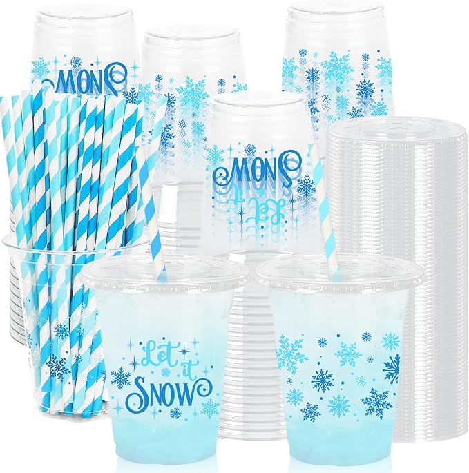 JarThenaAMCS 50Pcs Winter Christmas Plastic Cups with Lids & Straws Blue Snowflake 12Oz Disposable Clear Cold Beverage Ice Coffee Drinking Cups for Xmas Home Party Supplies