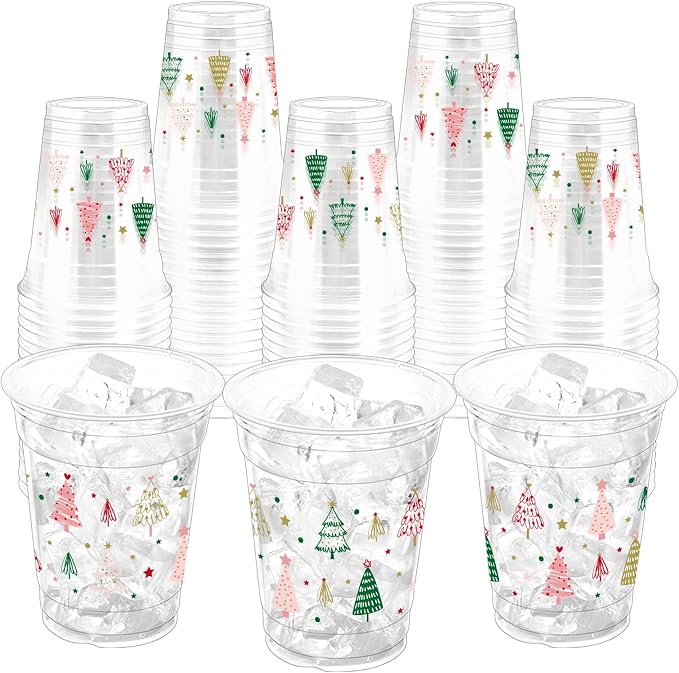 100Pcs Boho Christmas Tree Plastic Party Cups, 12oz Xmas Disposable Clear Cups for Christmas Party, Holiday Gatherings, Decorative Drinkware Supplies
