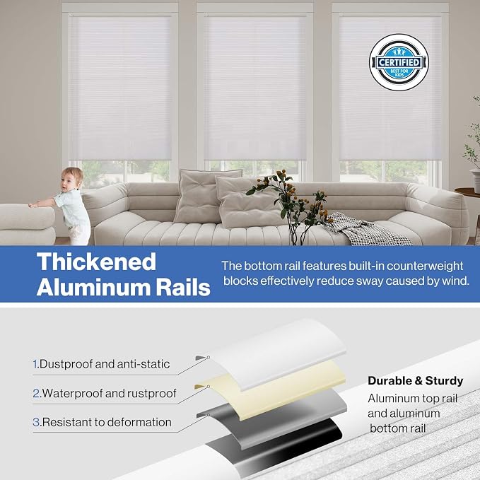 No Drill Cellular Shades, White 31" W x 64" H Cordless Light Filtering Pull Down Pleated Honeycomb Blind Thermal Insulated Easy Install for Indoor Window Bedroom Living Room Kitchen