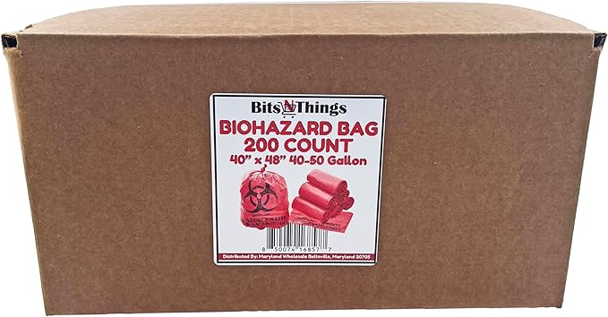 Bits N Things Infectious Biohazard Red Waste Bags Hazardous Trash Can Liners | Medical Grade No Leak Bags | Great for Lab Containers, Swabs, Pads, Gloves | 200 Count - 40" x 48" (40-50 Gallon)