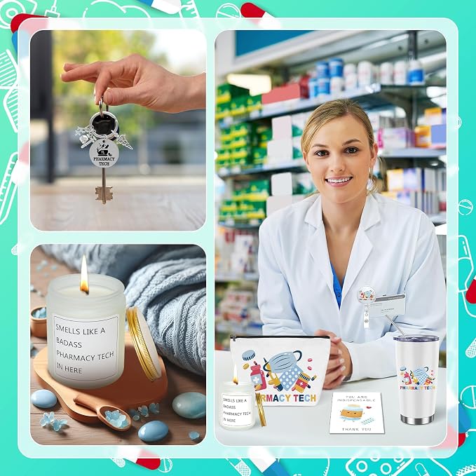 6Pcs Pharmacy Technician Appreciation Gifts Include Cup Portable Cosmetic Bag Badge Keychain Aromatherapy Thank You Card Pharmacy Technician Accessories for Doctors Nurses Week Gift Supplies