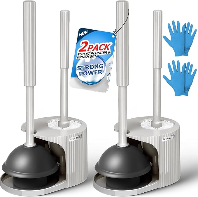 FORASTO 2Pack 2 in 1 Toilet Brush and Plunger Set,Clean Gloves, Extended Handle Plunger，Toilet Bowl Brush Plunger Set,Bathroom Cleaning Tools,Toilet Brush Plunger Combo,Cleaning Brush(Light Grey)