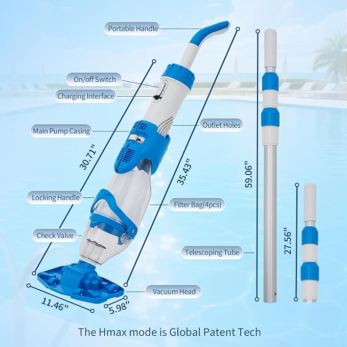 Garvee Handheld Pool Vacuum with Telescopic Pole, Updated Swimming Cordless Rechargeable Pool Cleaner 19.8GPM Powerful Suction for Above Ground/Inground Pools/Spa/Hot Tub, Dual-Filter Cleaning System