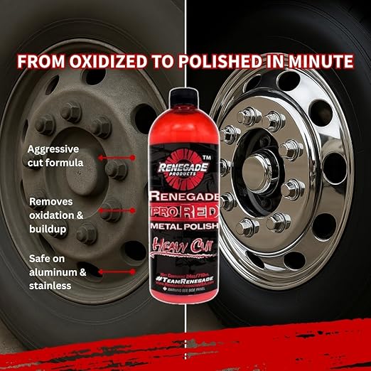 Renegade Products USA Pro Red Liquid Metal Polish - Heavy Cut Aluminum Metal Polish High Luster on Rims, Wheels, Tanks, Bumpers, Aluminum & Stainless Steel 24 Oz Bottle