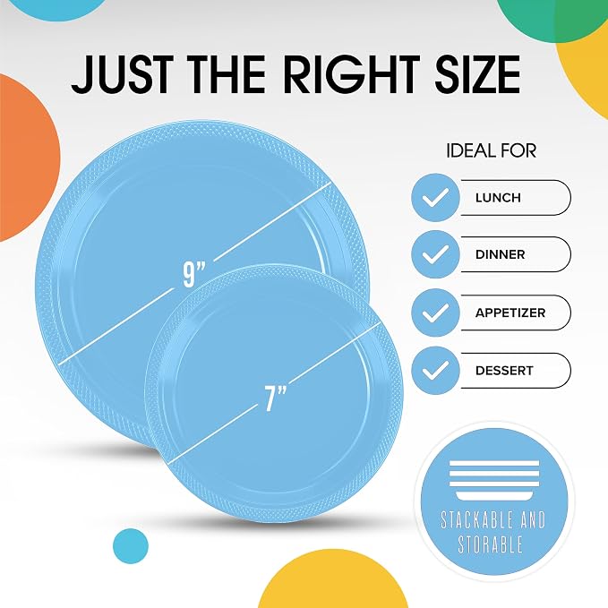 Exquisite Party Solids Light Blue Plates Disposable Light Blue Plastic Plates 100 Pieces - 50-7" & 50-9" Heavy Duty 350 GSM Disposable Dinnerware Sets, Plastic Dinnerware Sets