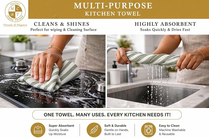 Pack of 6 Cotton Kitchen Towels Set, Dish Towels, Cleaning Rags, Kitchen Dish Cloths for Washing Dishes, Cotton Cleaning Cloths, Ultra Soft, Lightweight & Quick Dry, Slub Weave, 28" x 18" (Olive)