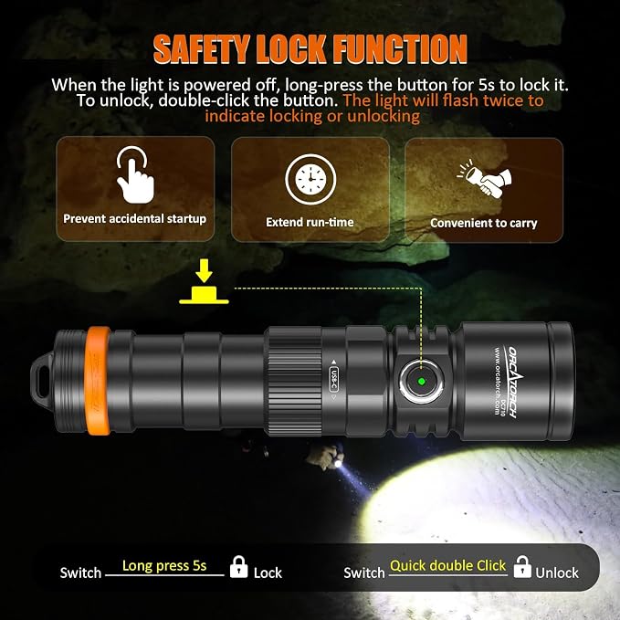 ORCATORCH DC710 Scuba Dive Light, 3000 Lumens Super Bright Underwater Flashlight, IP68 Waterproof Submersible Torch with WS02 Wrist Strap Mount for Hands-Free Diving
